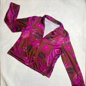 Women's Brown Purple Retro Button Up Long Sleeve Collared Shirt; XL